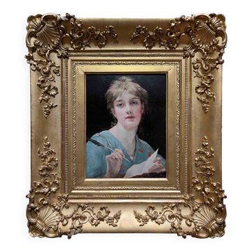 Tableau HSP circa 1900 Portrait Art Nouveau "Woman with the Letter" + frame