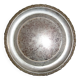 Large silver metal tray raised by a central foot