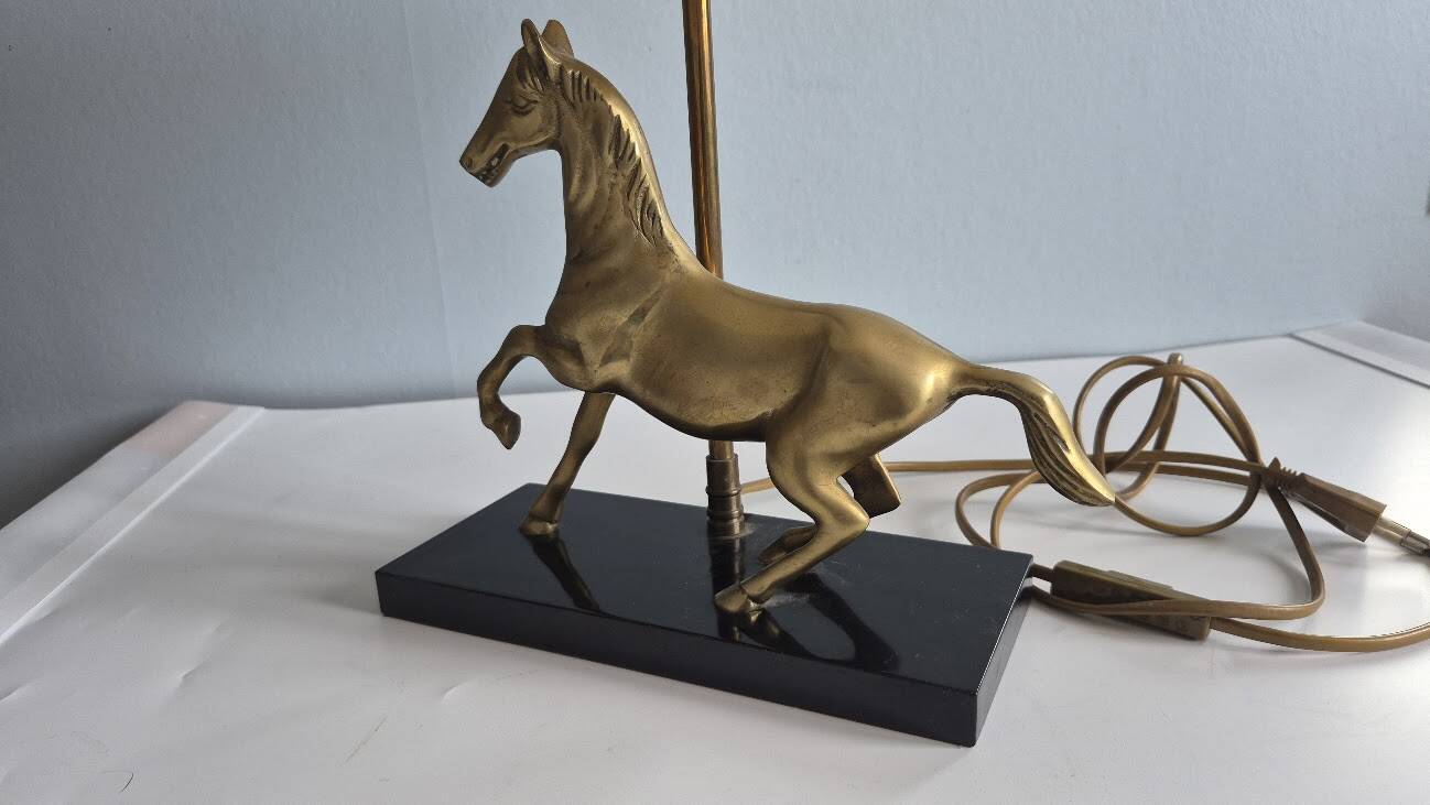 Brass and wood horse lamp