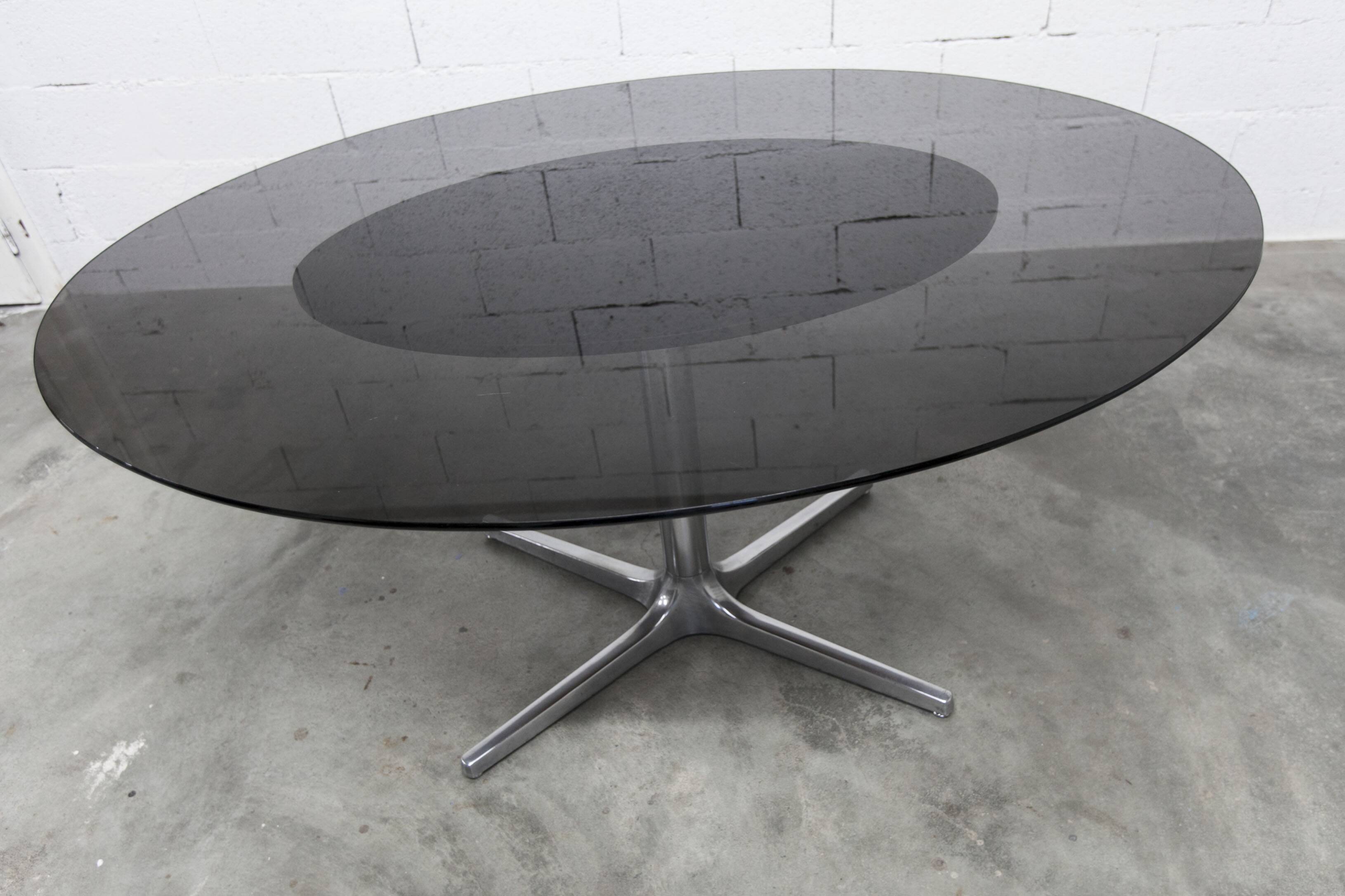 Roche Bobois oval table 1970 smoked glass chrome legs 152x117 cm