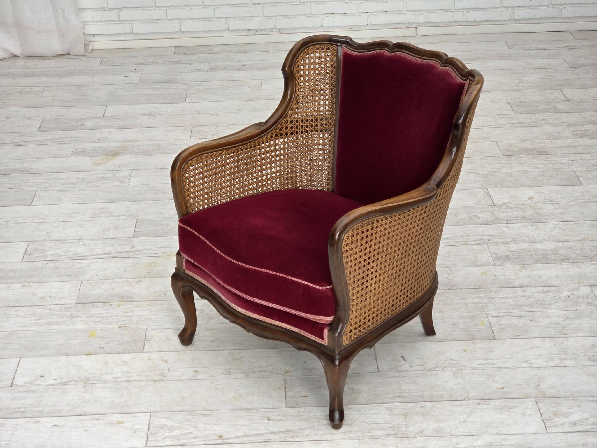 1950s, Danish armchair, furniture velour, ash wood,, mesh.