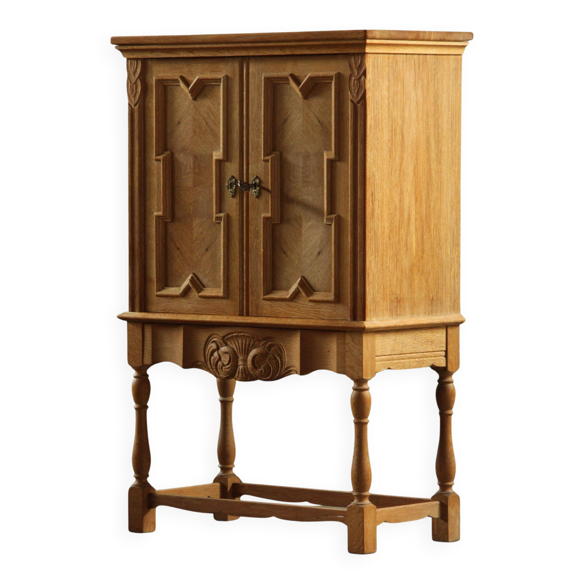 Vintage Danish Chevron Oak Cabinet, Henning Kjærnulf Baroque style, 1960s