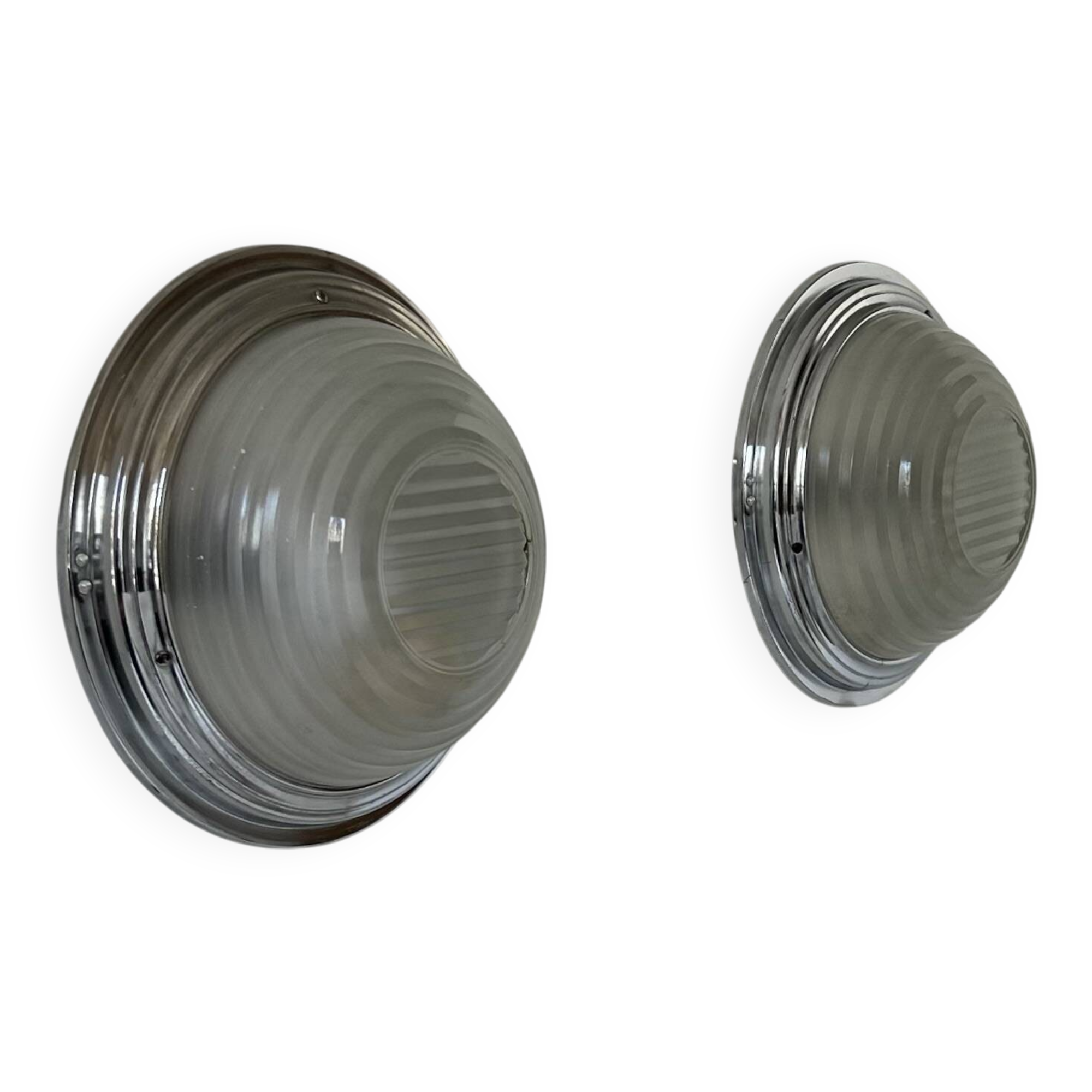 Pair of vintage wall lights, chrome and pressed sandblasted glass, France 1930