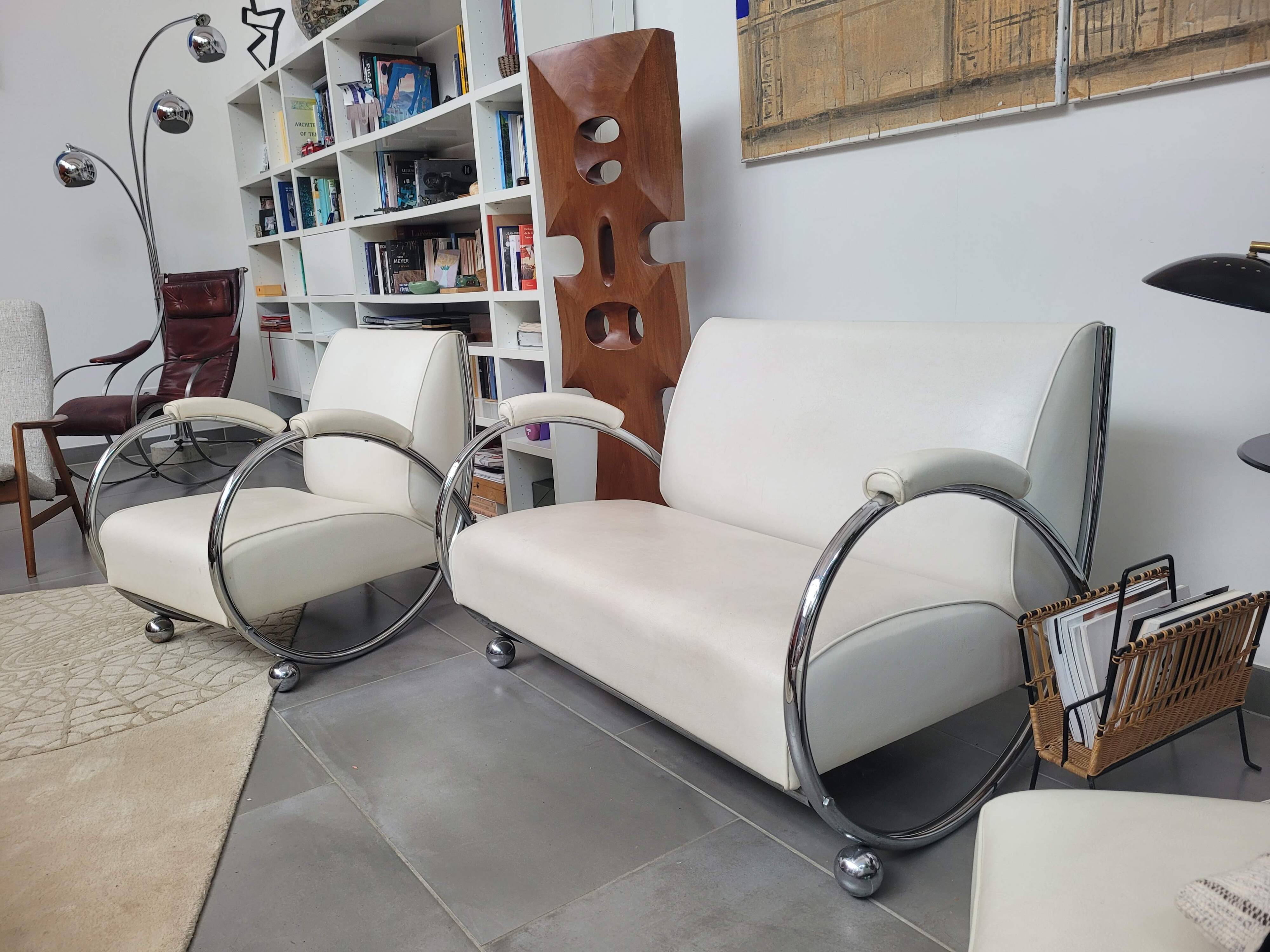 Sofa and armchair with chrome tubular structure modernist style