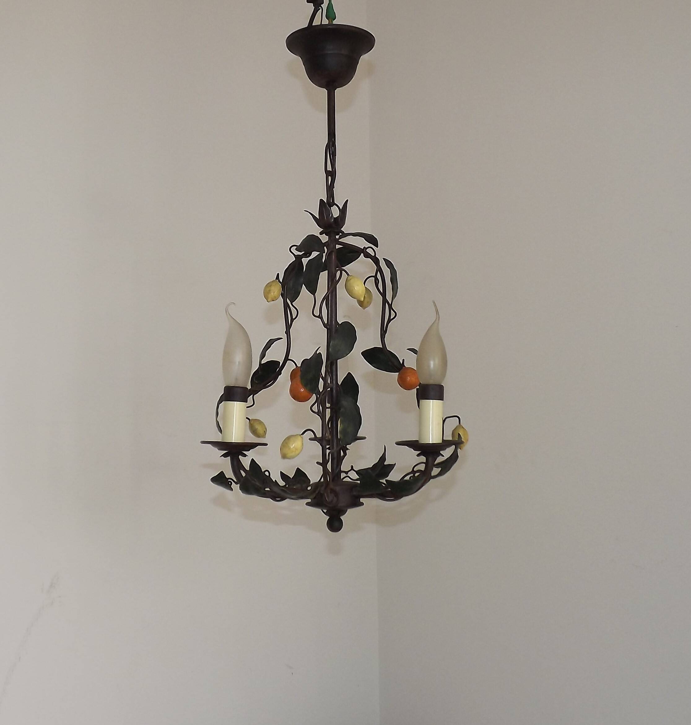 Lustre français à 3 lumières, brun clair, avec feuilles vertes, citrons et oranges 5473