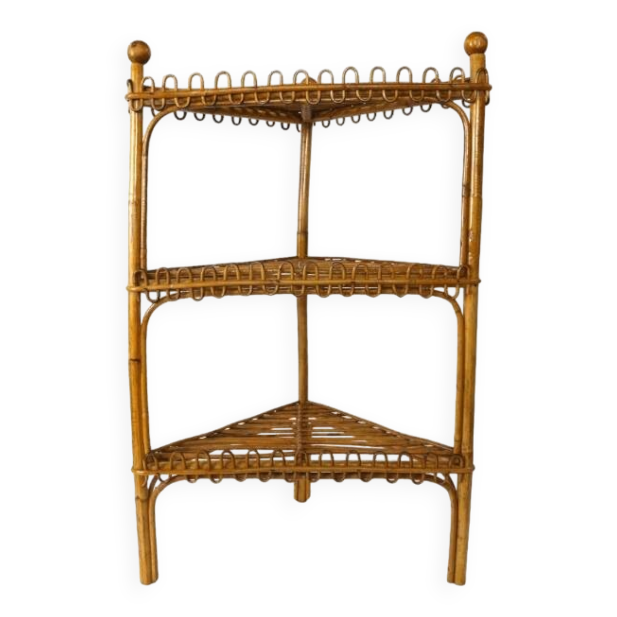 Étagère d'angle sur pied en bambou et rotin