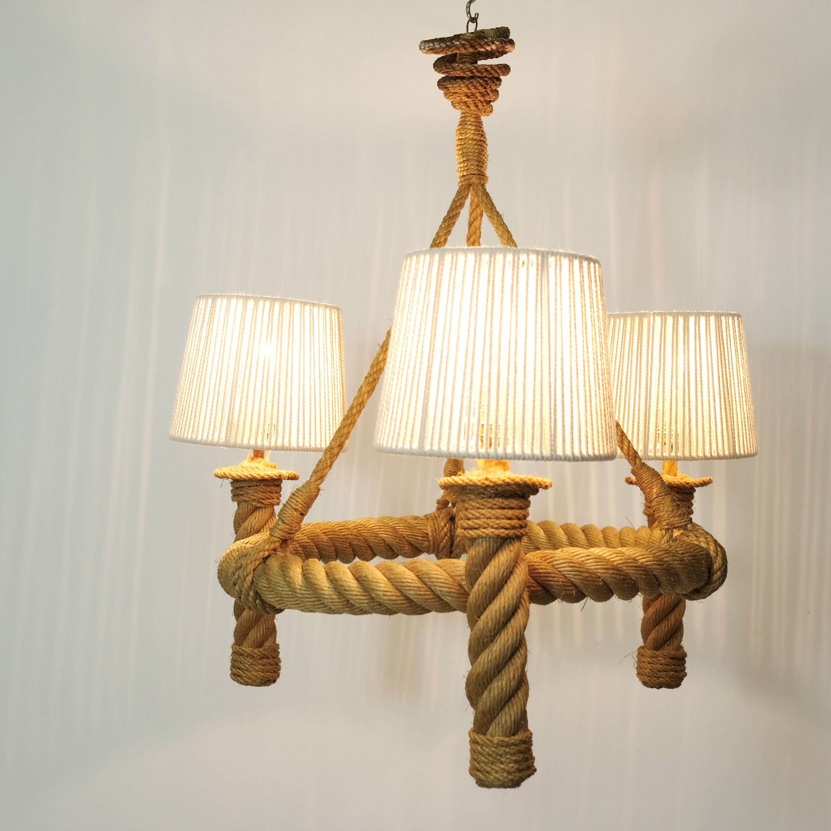 Three-light braided rope pendant light, 1950-1960.