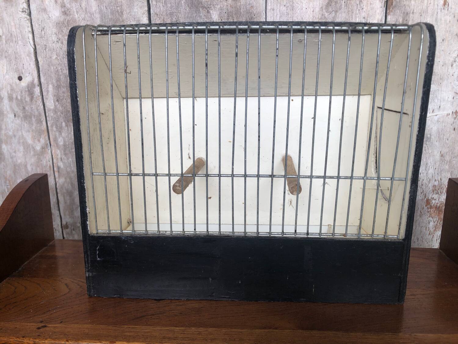 Old small bird cage caoa wood + metal + plastic tray vintage
