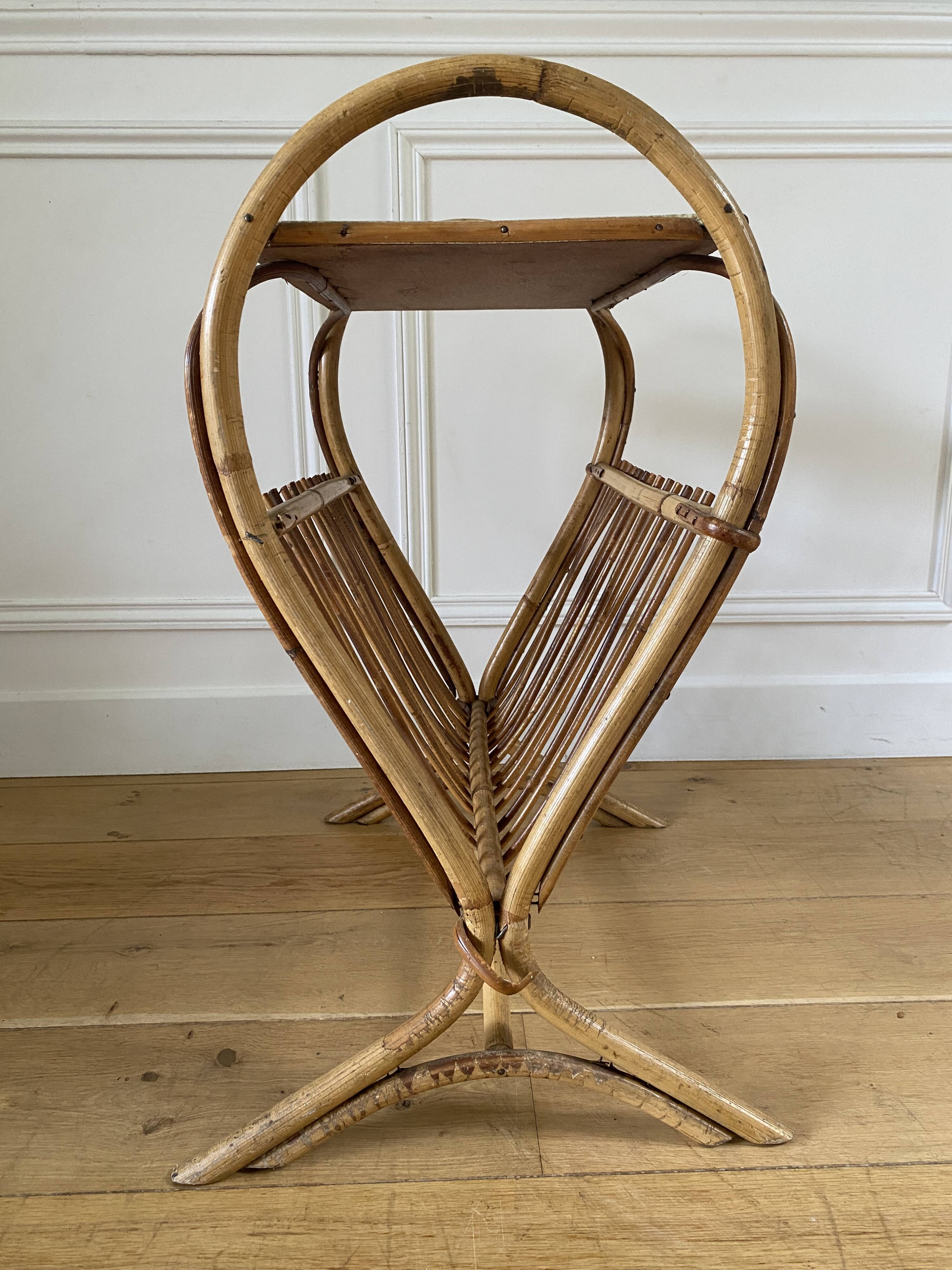 Vintage rattan magazine rack with side table - Height 58cm / Length