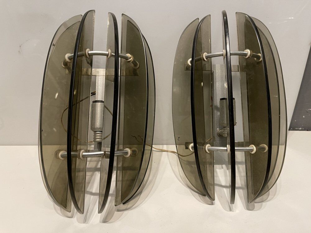 Italian Smoked Glass Wall Lights from Veca, Set of 2