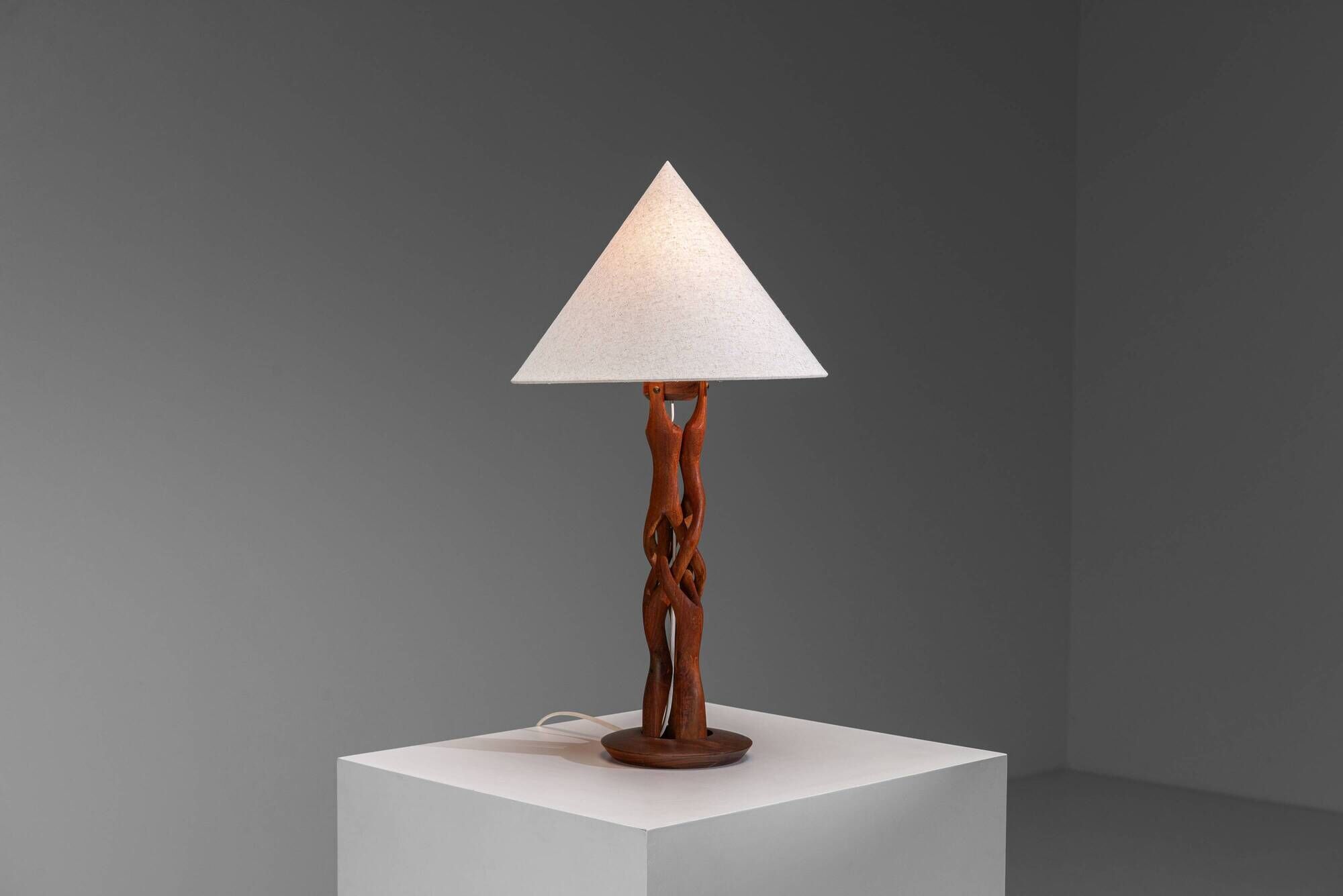 Organic form sculptural teak table lamp
