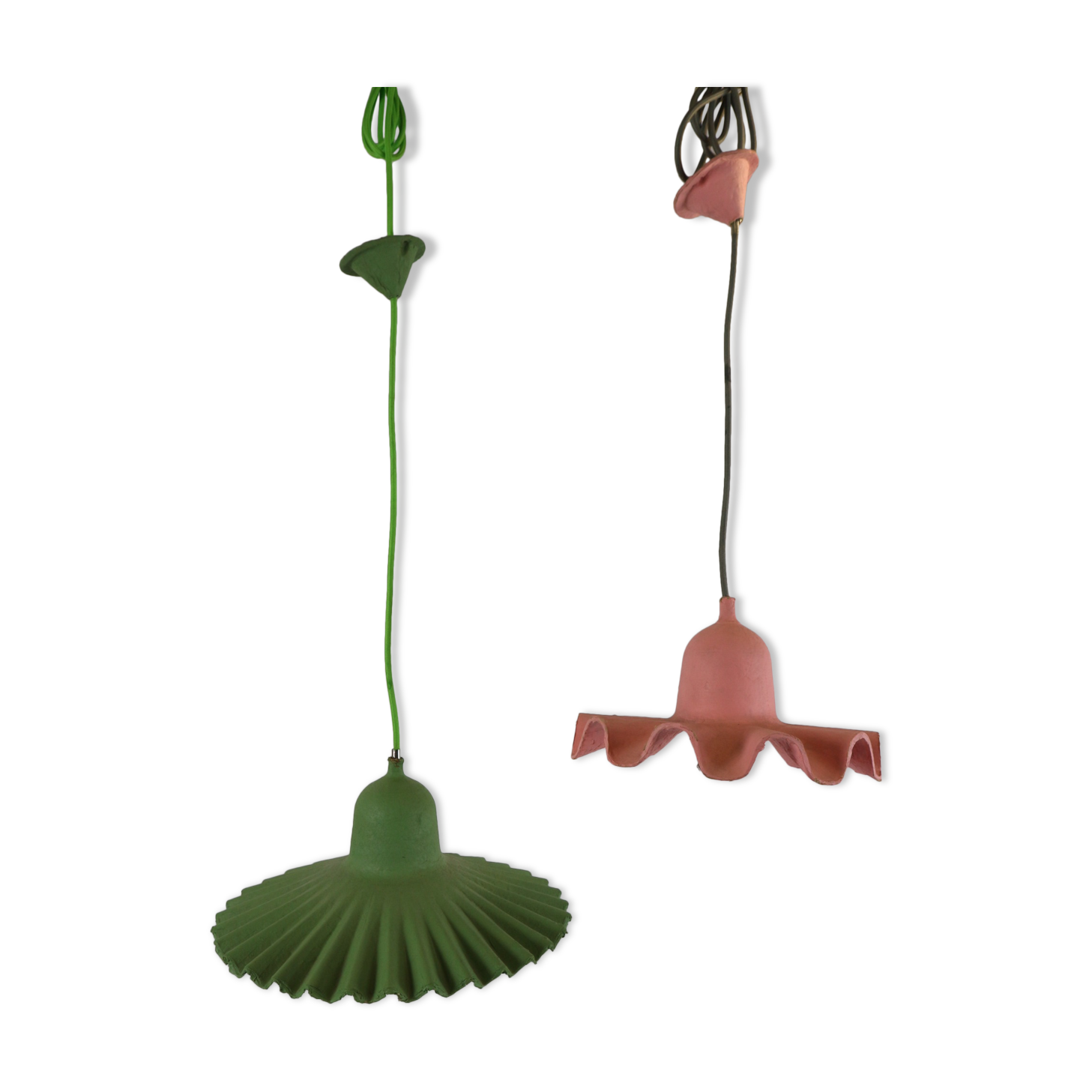Two lamps/ pendant lamps in recycled cardboard, pink and green, seletti