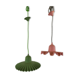 Two lamps/ pendant lamps in recycled cardboard, pink and green, seletti