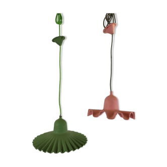 Two lamps/ pendant lamps in recycled cardboard, pink and green, seletti