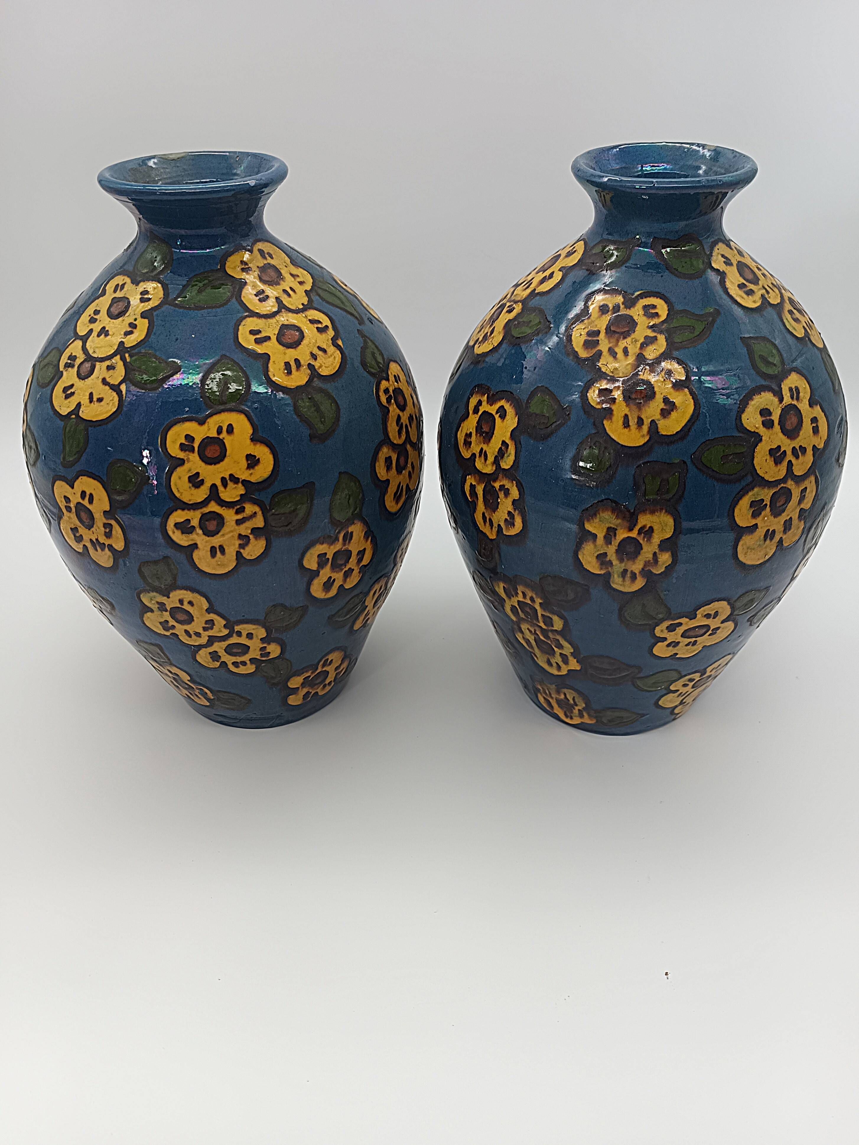 Pair of Large Art Deco Vases Émile Simonod H28cm Glazed Ceramic Blue