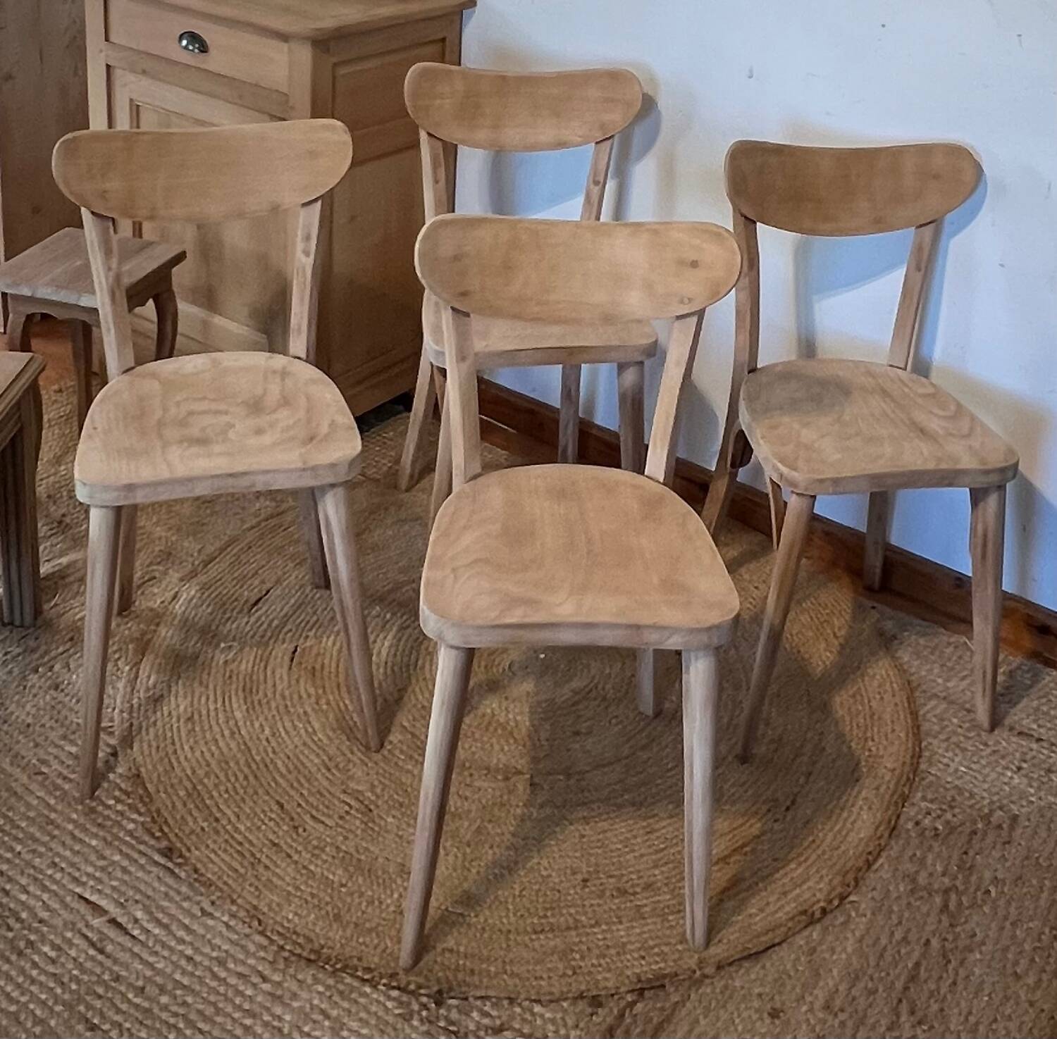 Set of 4 vintage bistro chairs in raw wood