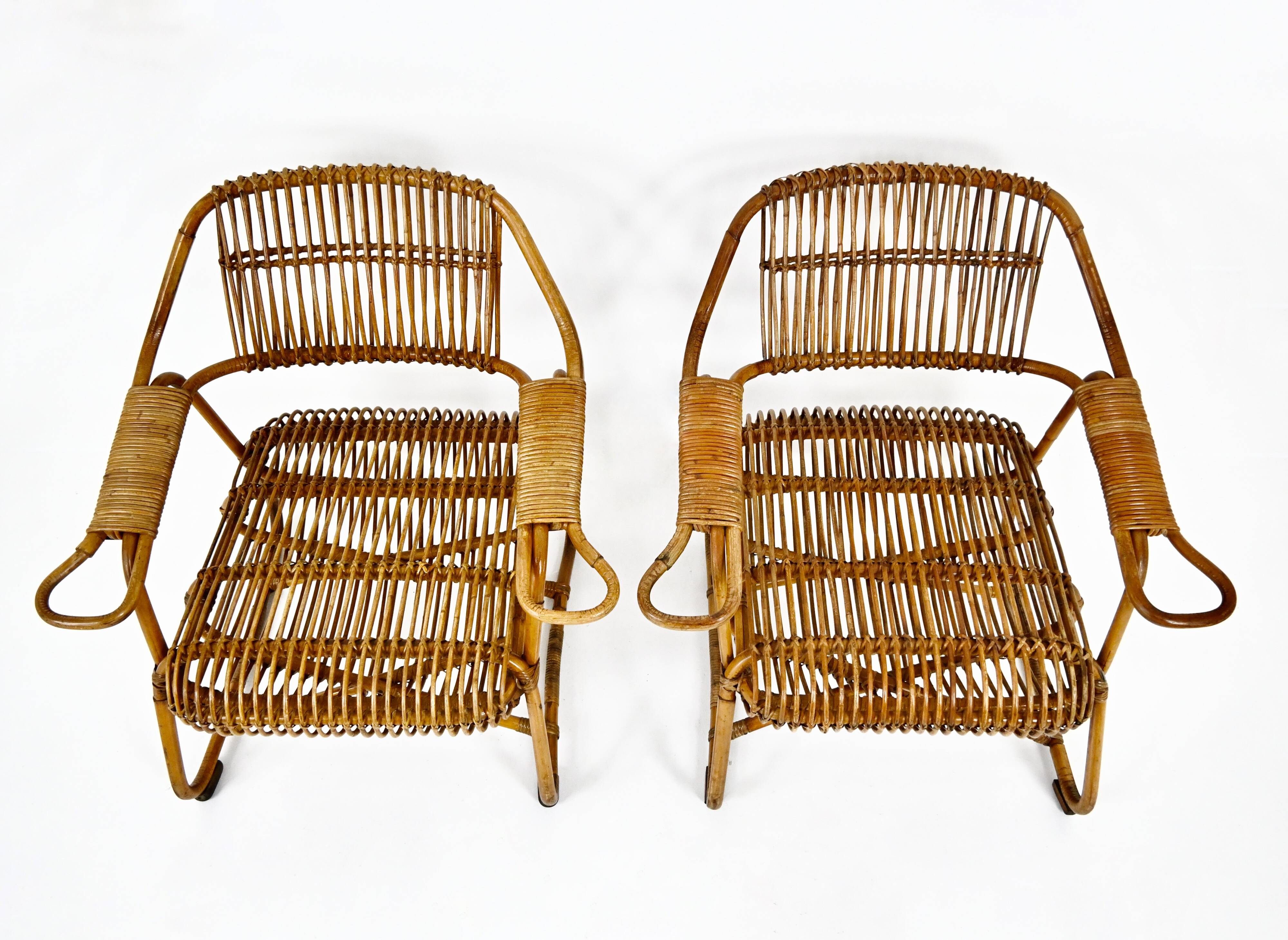 Pair of Italian rattan armchairs, 1960s