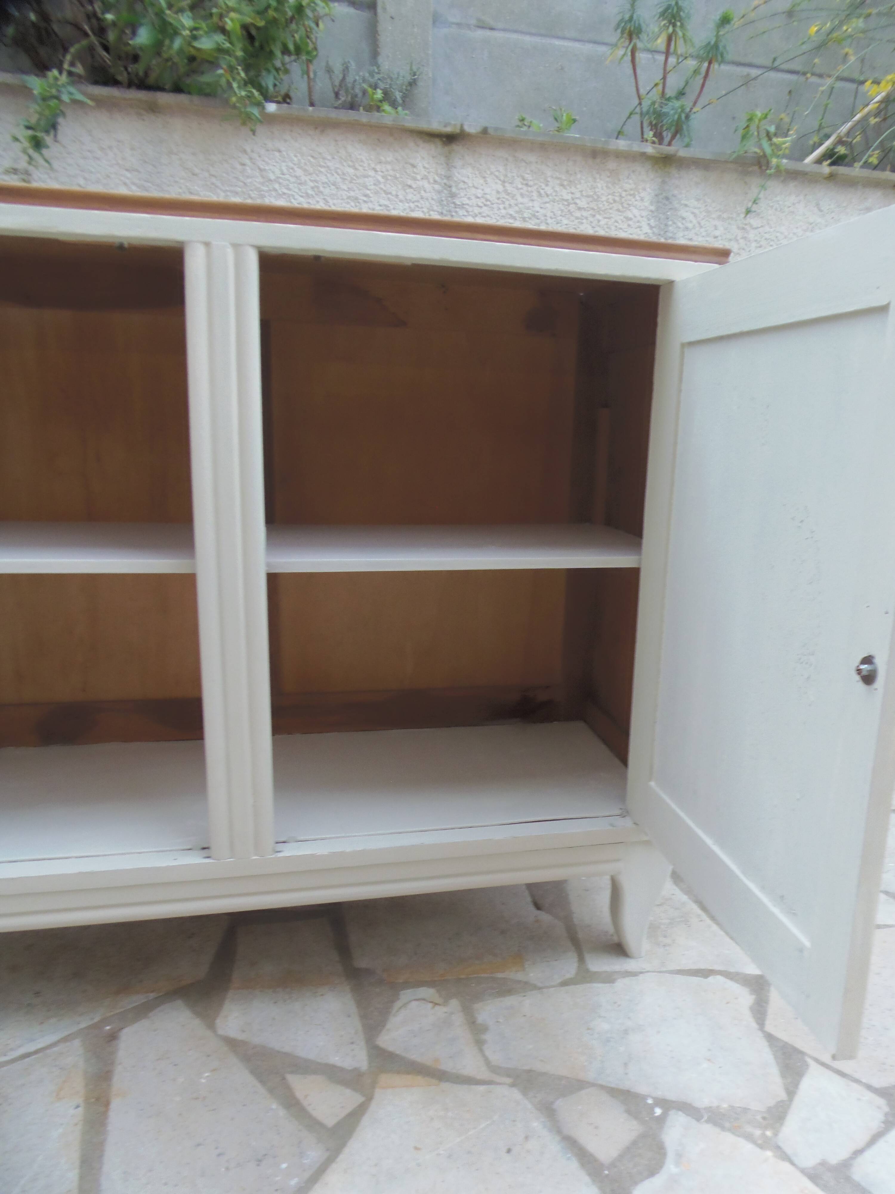 Buffet vintage Beige, plateau chêne.