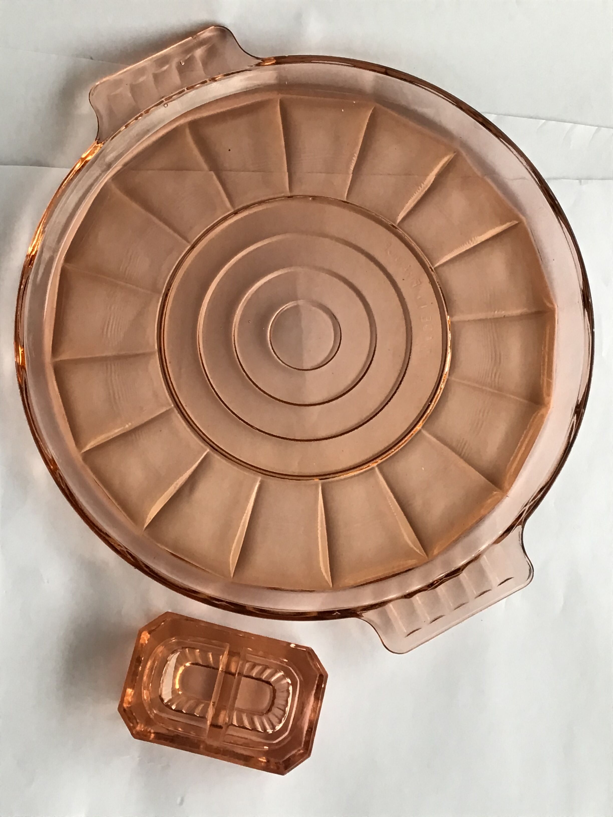 Pink glass salt shaker and cake dish