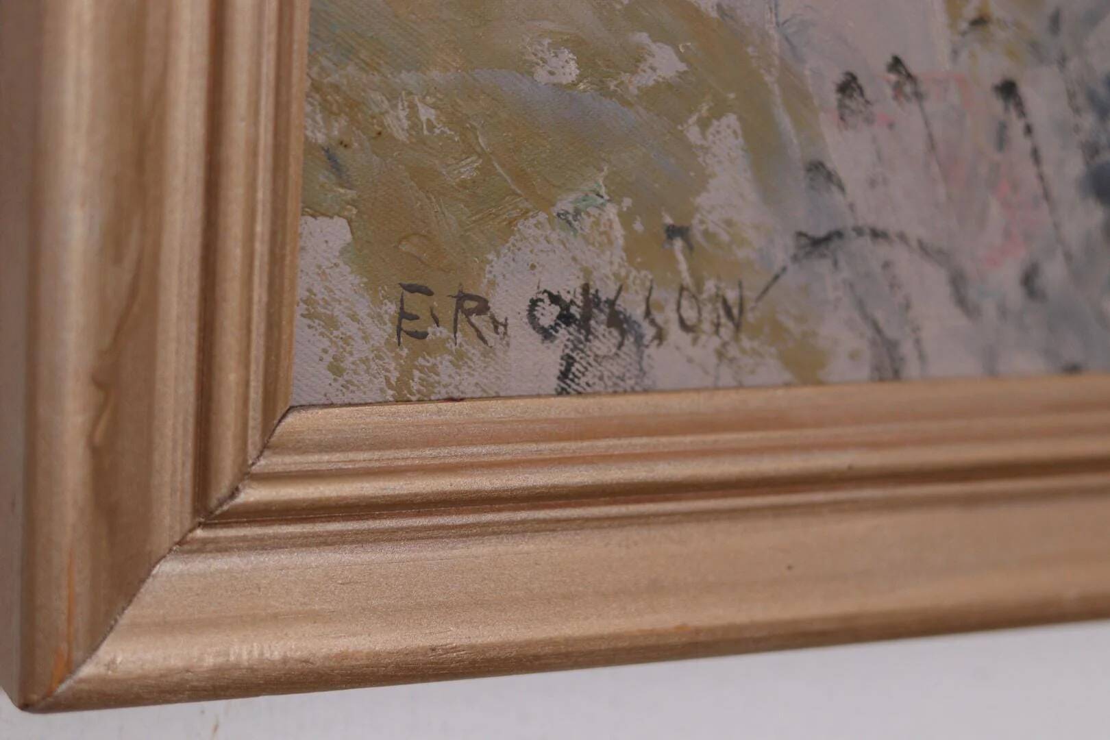 Original Swedish Oil on Panel – “Village Scene II” by E. R. Olsson – Signed