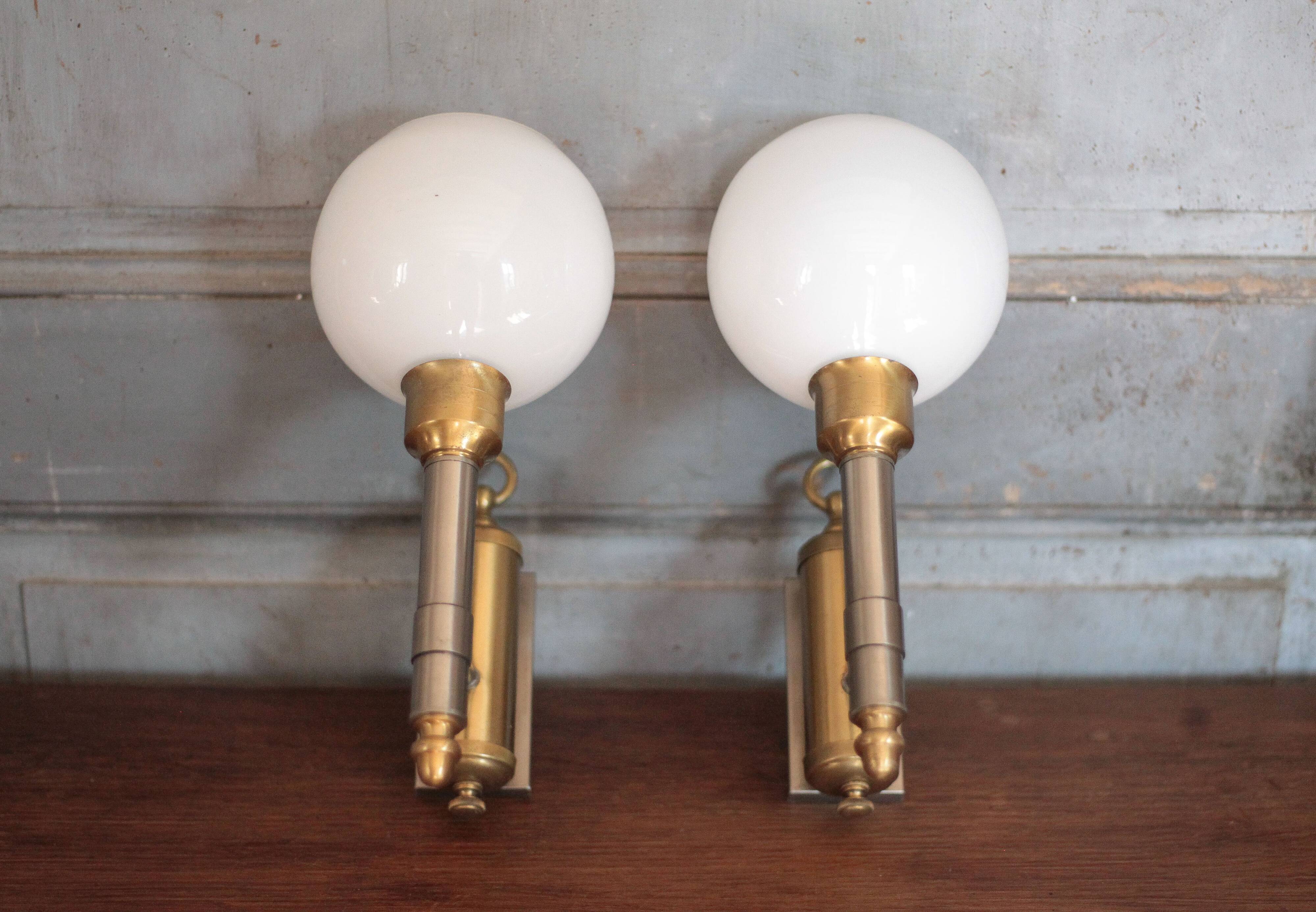 Pair of brass and white opaline wall lights, vintage wall light