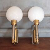 Pair of brass and white opaline wall lights, vintage wall light