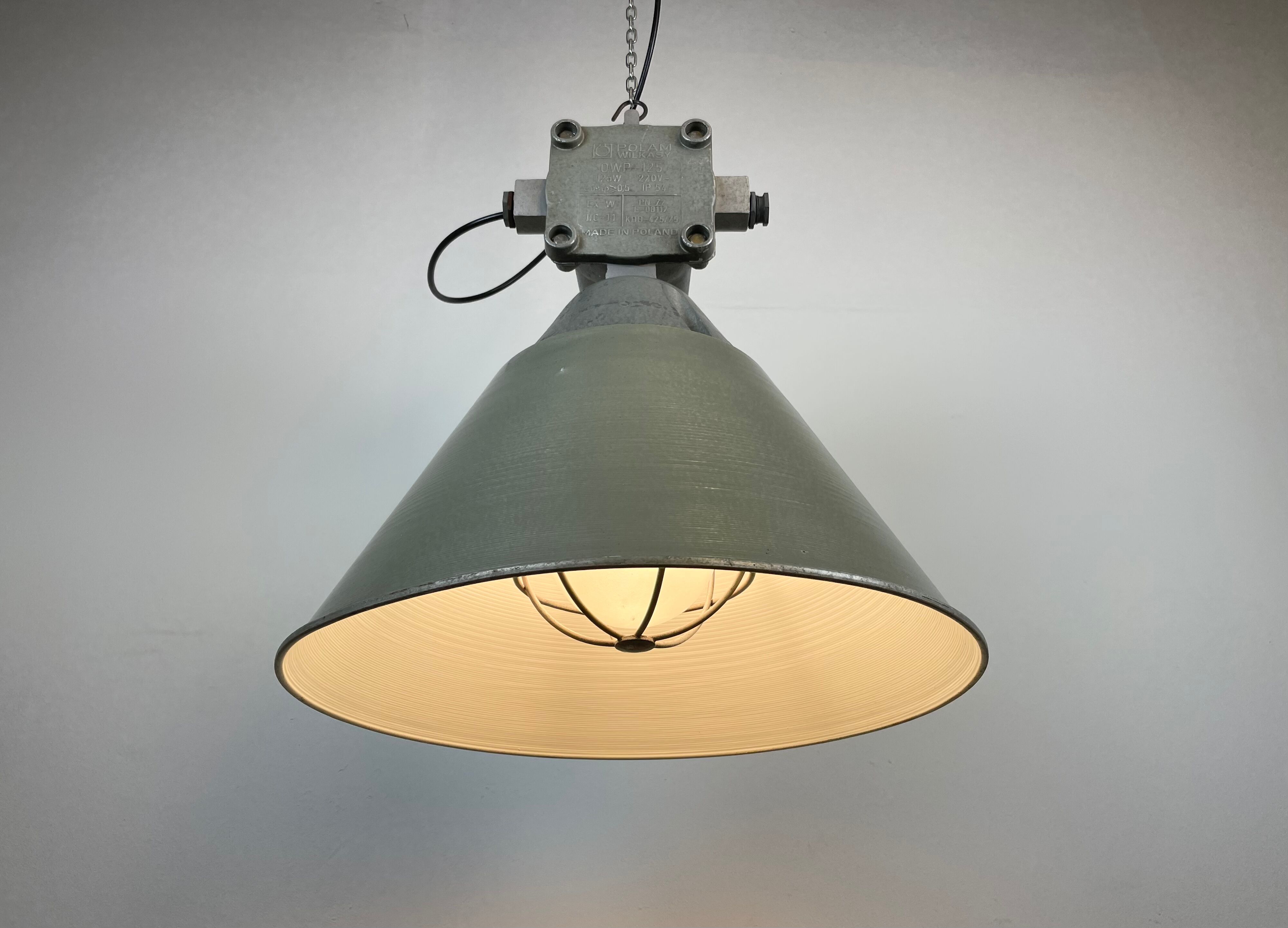 Industrial explosion proof lamp with aluminium shade from polam, 1970s