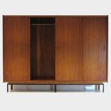 Large vintage mid century teak design wardrobe with sliding doors, 1960s