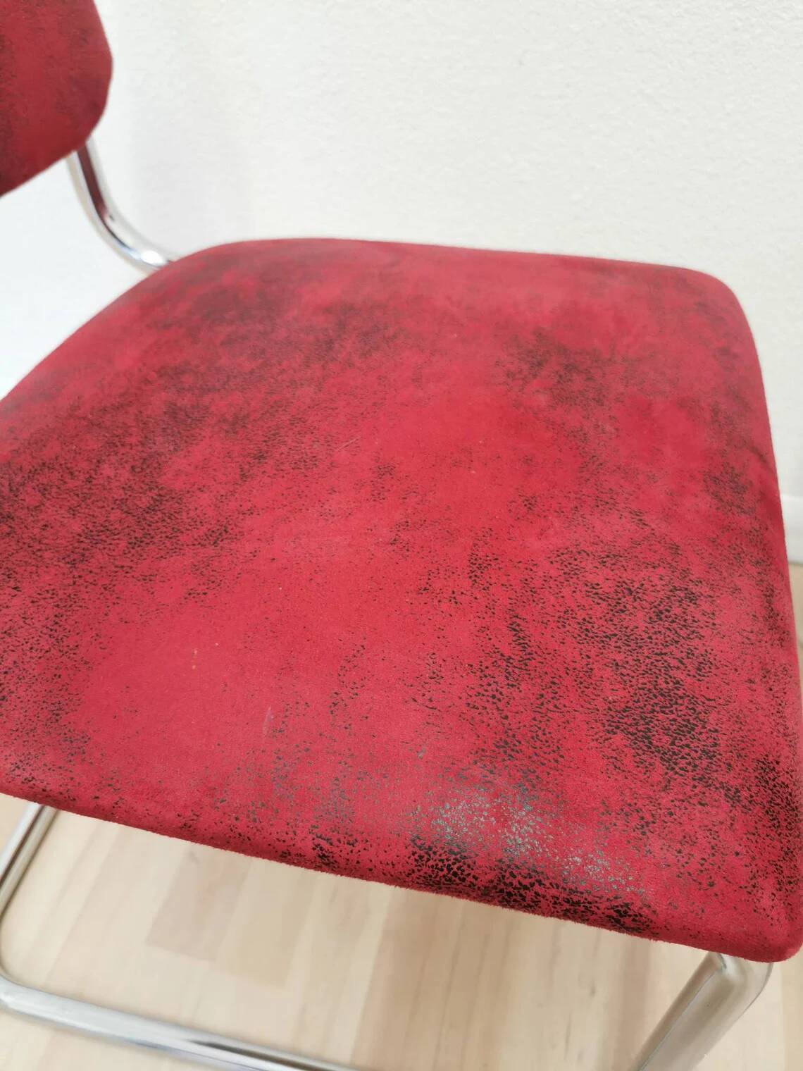 Set of 2 Dining Chair: Red Fabric, Tubular Frame, Retro 1970s
