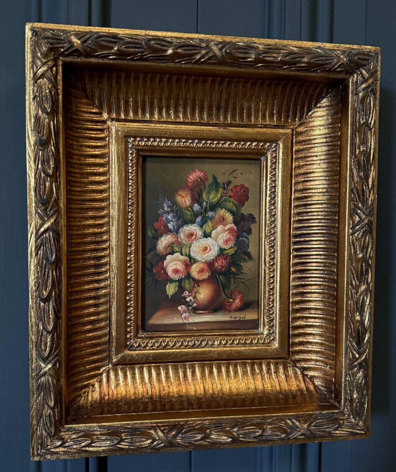 Oil on panel by B. Vogel still life 20th century gilded frame