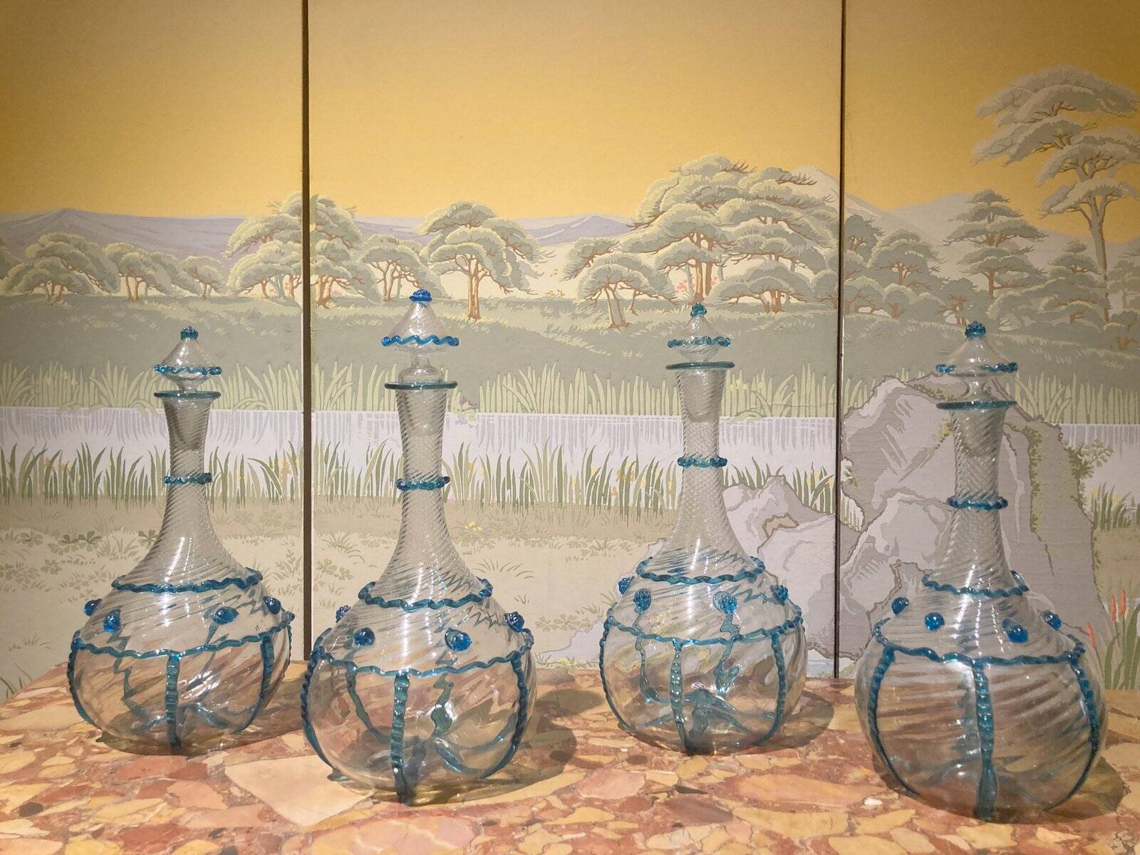 18th Century Italian Murano Clear Glass and Blue Trimmed Blown Glass Bottle