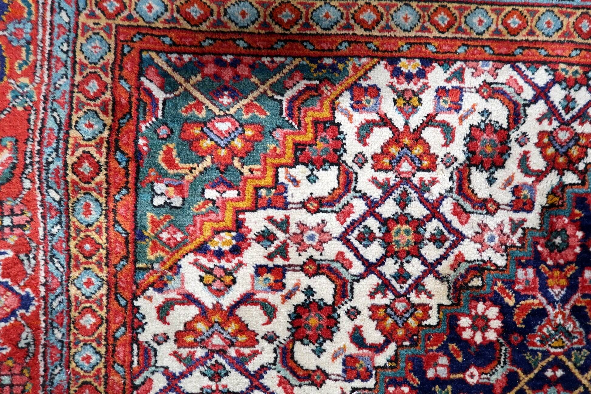 1940s vintage wool medallion rug, red and navy, 206 × 320 cm
