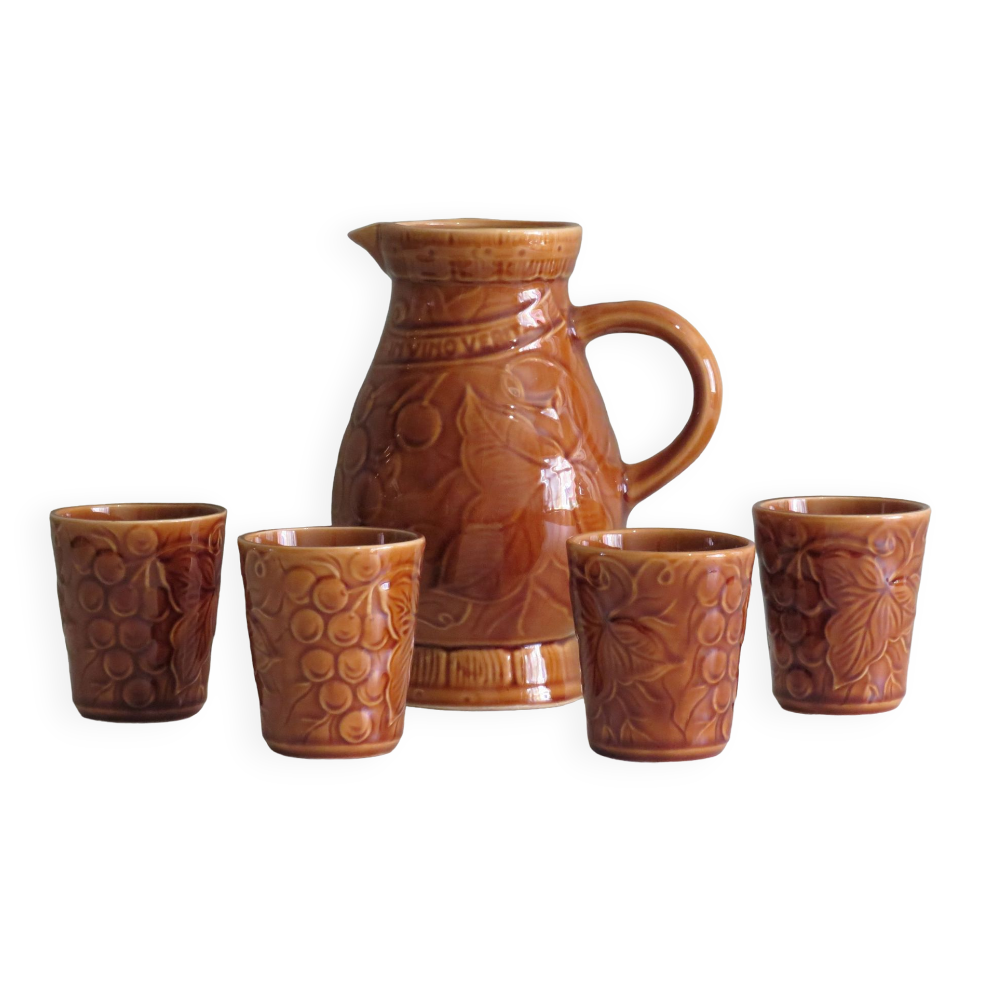 Sarreguemines pitcher and goblets, France 1970s