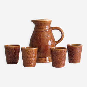 Sarreguemines pitcher and goblets, France 1970s