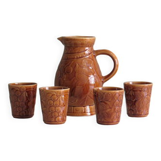 Sarreguemines pitcher and goblets, France 1970s