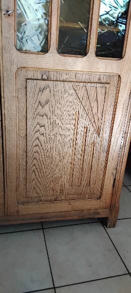 Parisian glass-fronted cabinet, Art Deco vintage bookshelf, solid oak furniture.