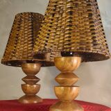 pair of Scandinavian bedside lamps in wicker wood, very good condition, 32x13