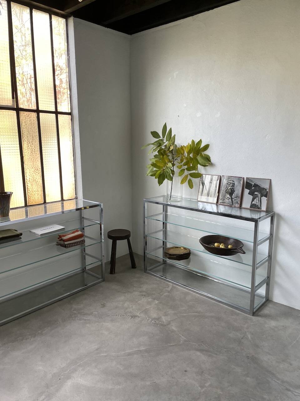 Pair of chrome and glass shelves from the 70s