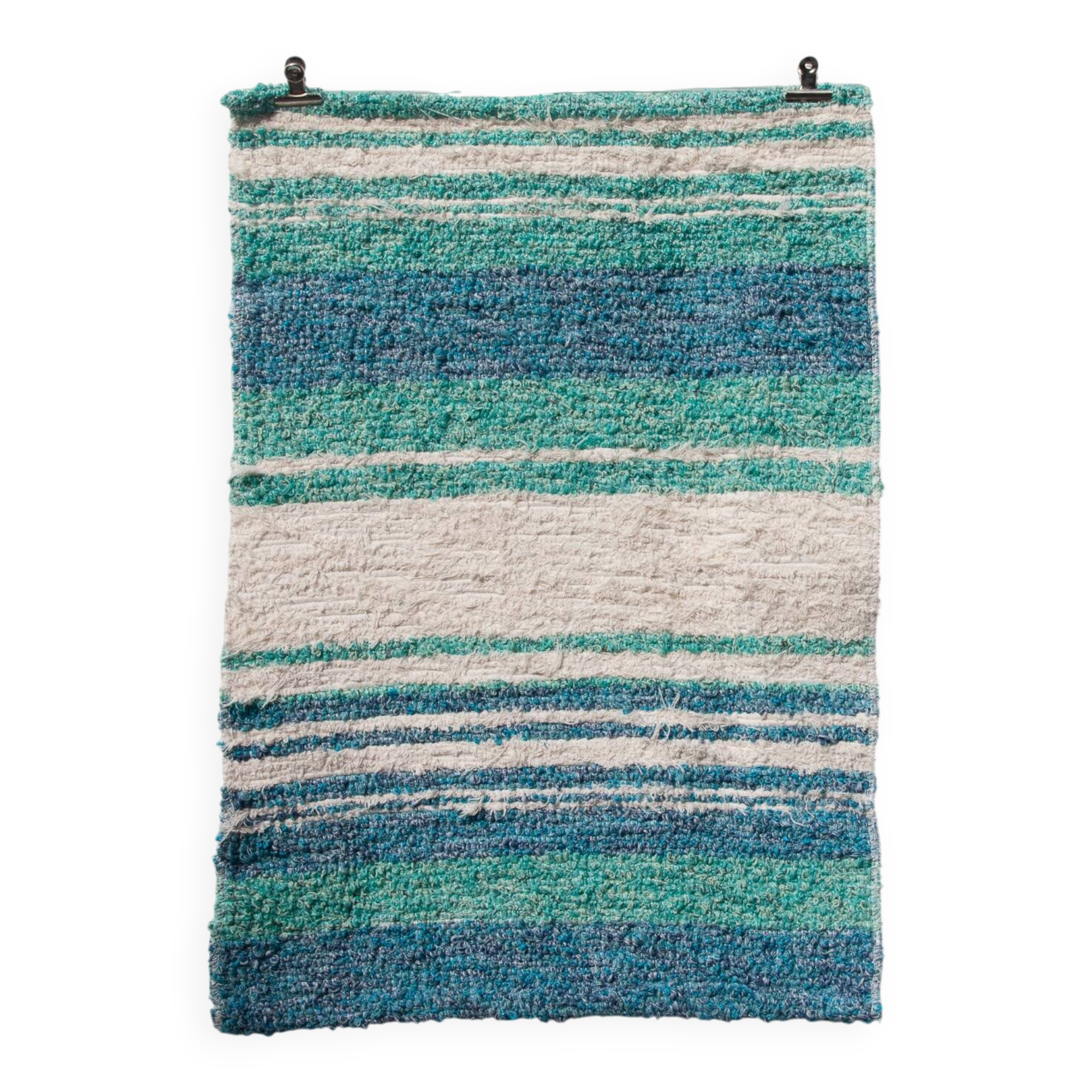 Handwoven recycled cotton rug - Turquoise and white