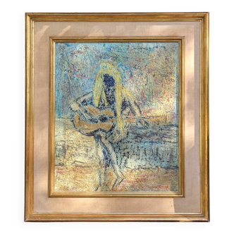 Toile vintage “La guitariste” – peinture texturée encadrée