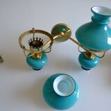 Series of 3 vintage brass and blue opaline wall lamps