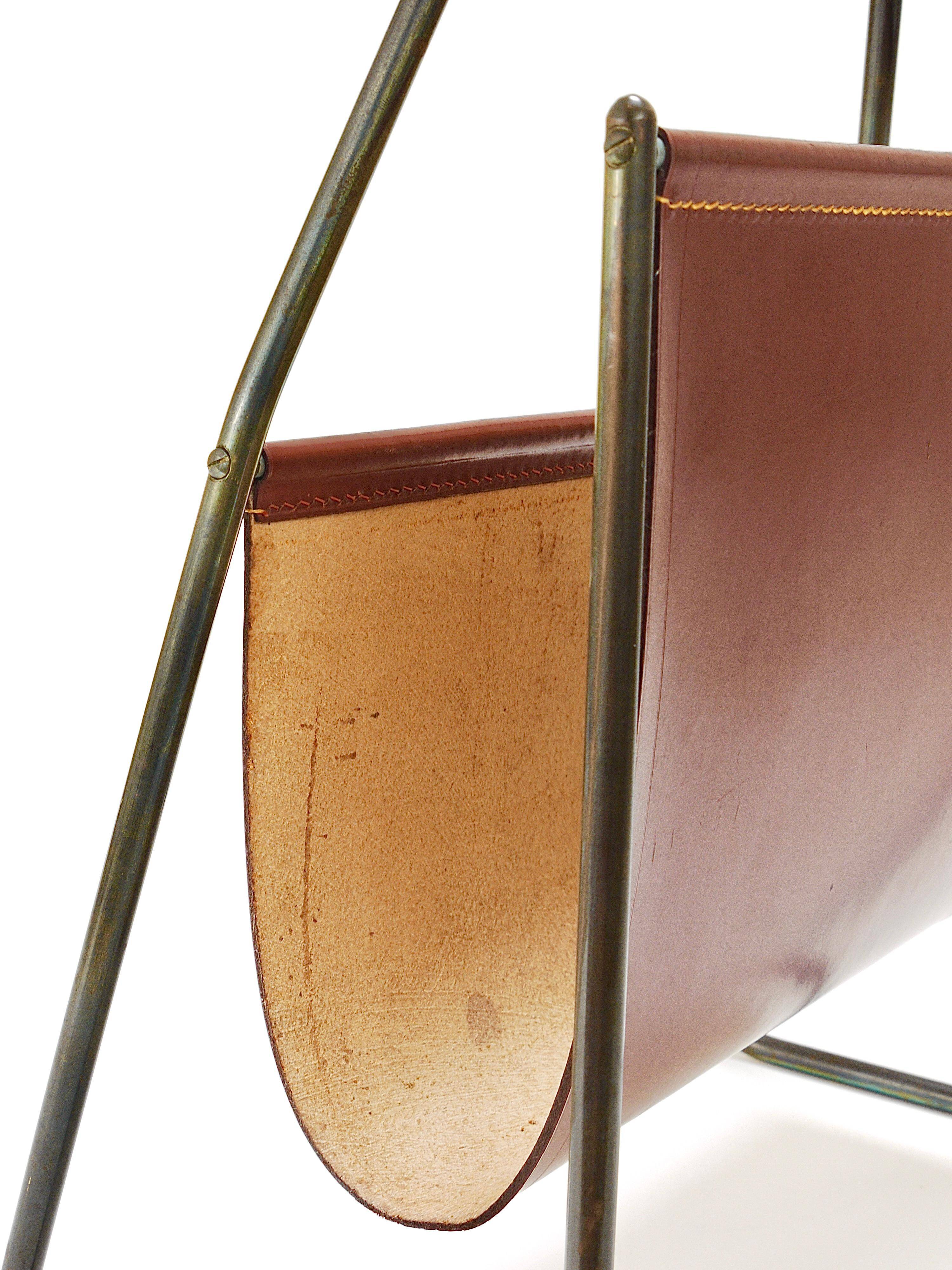 Carl Auböck II Magazine rack Midcentury, brass and brown leather, vintage, Austria