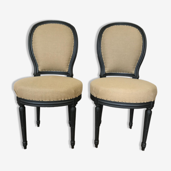 pair of chairs louis XVI blue black covered raw linen