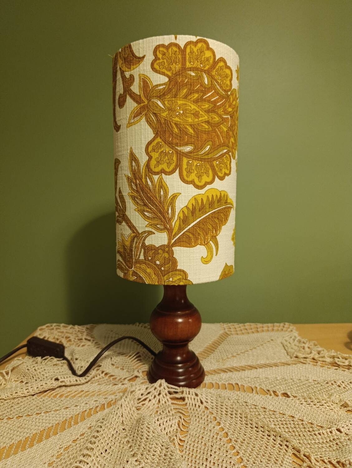 Turned wood lamp with authentic vintage lampshade and mustard flower decoration
