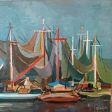 Oil painting on panel, seascape with boats - Signed, 50s/60s