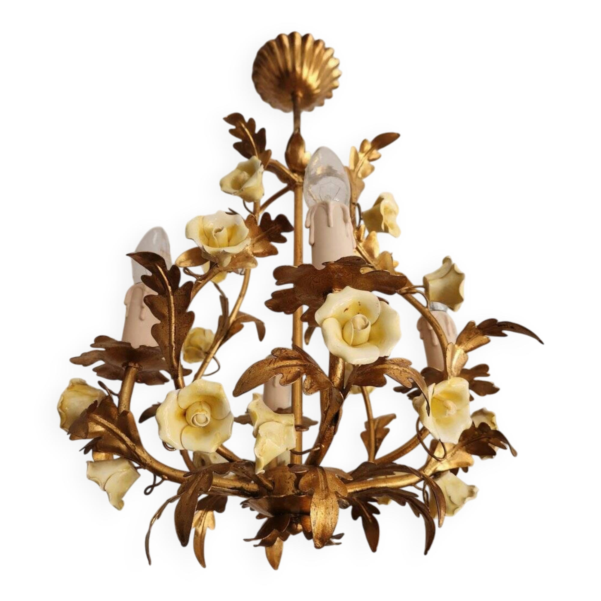 Hollywood Regency Vintage gold plated ceiling lamp porcelain roses Italy