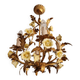 Hollywood Regency Vintage gold plated ceiling lamp porcelain roses Italy