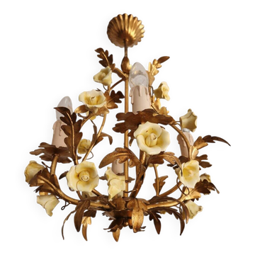 Hollywood Regency Vintage gold plated ceiling lamp porcelain roses Italy