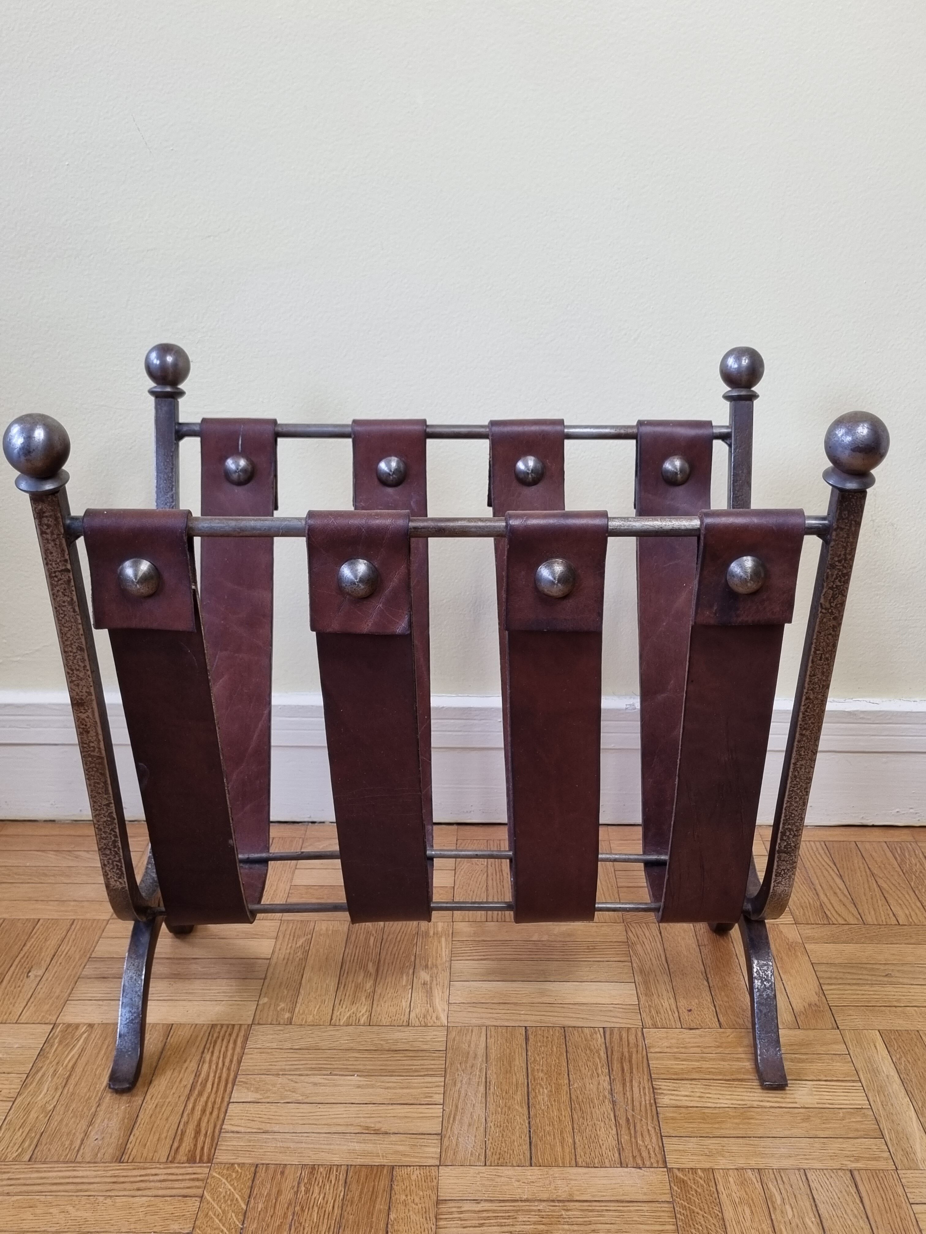 Magazine door in leather and forged metal, brutalist, 50s