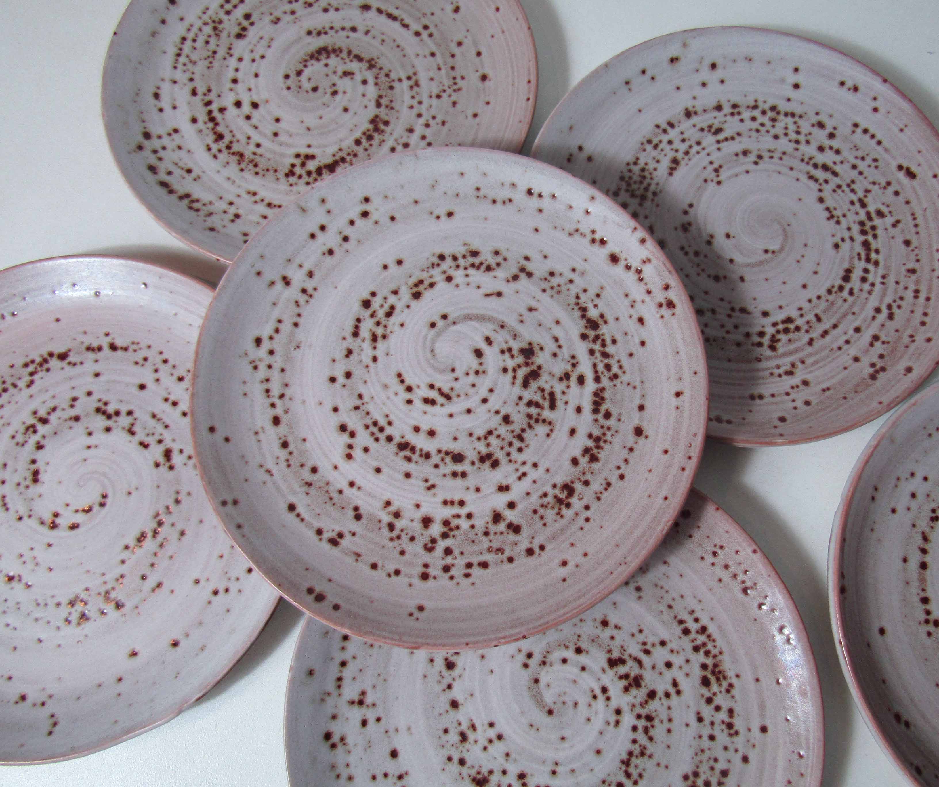 Set de 6 assiettes plates en grès beige rose vintage 23,8 cm